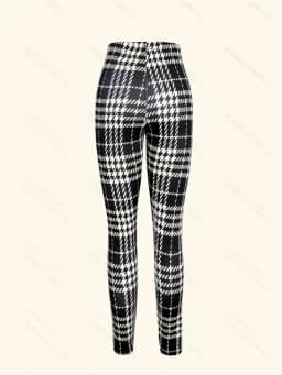 Black & White Plaid High-Waist Leggings, Slim Fit Elastic Slimming Houndstooth Skinny Pants