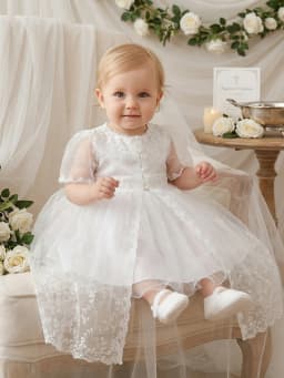 High-end White Baptismal Gown for Infant Girls Ages 0–2 Years, Featuring Delicate Lace Embroidery, Coordinated Coat and Skirt