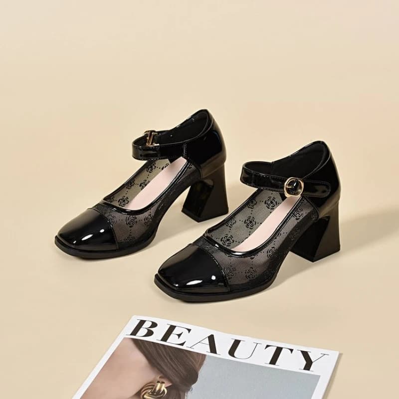 Women's High-Heel Work Shoes-Spring PU Leather Slip-On Mesh Mary Janes with Adjustable Ankle Strap, Perfect for Office and Daily