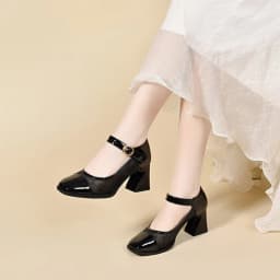 Women's High-Heel Work Shoes-Spring PU Leather Slip-On Mesh Mary Janes with Adjustable Ankle Strap, Perfect for Office and Daily