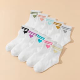 10 Pairs Kids Socks Heart Pattern Bar White Basic Sports Versatile Children's Footwear, Girls' School Socks
