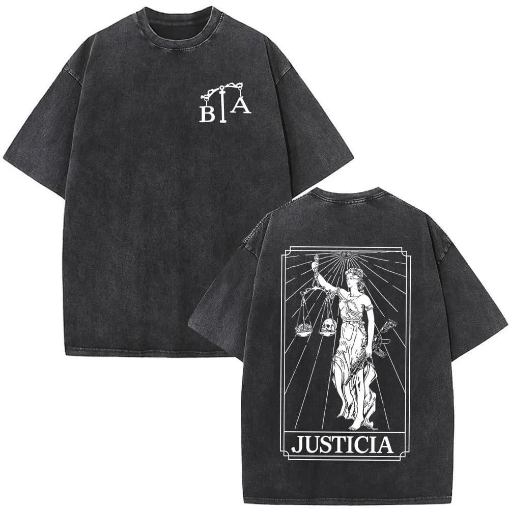 Vintage Washed Justicia Brothers in Arms Double Sided Print T-shirt Men Clothing Casual Cotton Oversized Short Sleeves T Shirts