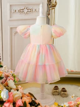 Summer New Gradient Rainbow Tulle Princess Skirt for Girls Elegant Fairy Tale Style Children's Dress