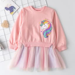 Korean Version Cartoon Unicorn Printed Long Sleeved Hoodie with Mesh Patchwork Dress Fashionable Clothes for Girls Aged 3-7