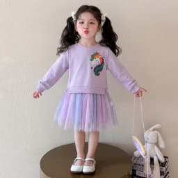 Korean Version Cartoon Unicorn Printed Long Sleeved Hoodie with Mesh Patchwork Dress Fashionable Clothes for Girls Aged 3-7
