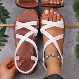 Women's Cross Strap Flat Roman Sandals Open Toe Ankle Wrap Comfortable Walking Shoes for Summer Beach Vacation Casual Daily Wear