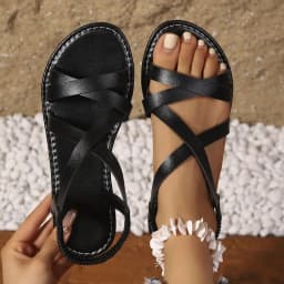 Women's Cross Strap Flat Roman Sandals Open Toe Ankle Wrap Comfortable Walking Shoes for Summer Beach Vacation Casual Daily Wear