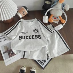 2026 New Summer Sporty Style Children Sets Letter Pattern Tee+Striped Shorts 2Pcs Clothes Short Sleeve Cotton Boys Girls Suit