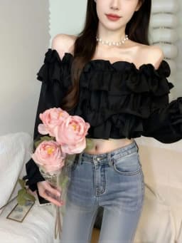 Ruffle Off Shoulder Top Women Elegant Casual Chiffon Long Sleeve Blouse Chic Korean Sweet Spring Summer Crop Top