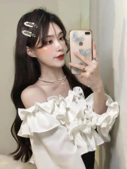 Ruffle Off Shoulder Top Women Elegant Casual Chiffon Long Sleeve Blouse Chic Korean Sweet Spring Summer Crop Top