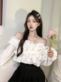 Ruffle Off Shoulder Top Women Elegant Casual Chiffon Long Sleeve Blouse Chic Korean Sweet Spring Summer Crop Top
