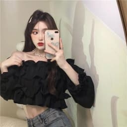 Ruffle Off Shoulder Top Women Elegant Casual Chiffon Long Sleeve Blouse Chic Korean Sweet Spring Summer Crop Top