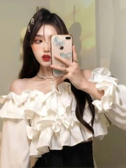 Ruffle Off Shoulder Top Women Elegant Casual Chiffon Long Sleeve Blouse Chic Korean Sweet Spring Summer Crop Top