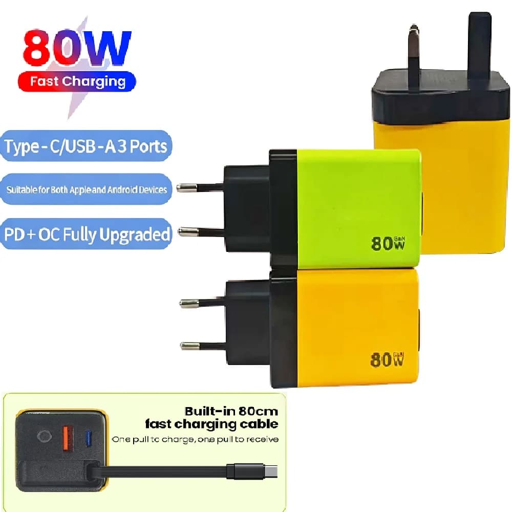 80W USB Type C Phone Super Fast Charger With Retractable USB C Cable For IOS15 16 17 Android Phones Laptop EU US UK Plug Charge