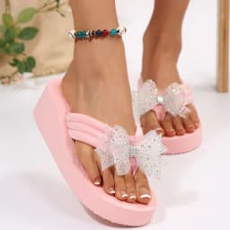 Pink Crystal Flower Wedge Heels Flip Flops Women Platform Clip Toe Beach Sandals Woman 2026 Fashion Plus Size 36-42 EVA Slippers
