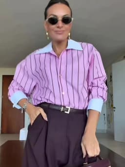 Spring Women's Casual Stripes Pink Shirts Trendy Vacation Buttons Lapel Shirts New 2026 Summer Fashion Female Streetwear