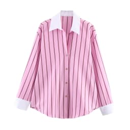 Spring Women's Casual Stripes Pink Shirts Trendy Vacation Buttons Lapel Shirts New 2026 Summer Fashion Female Streetwear