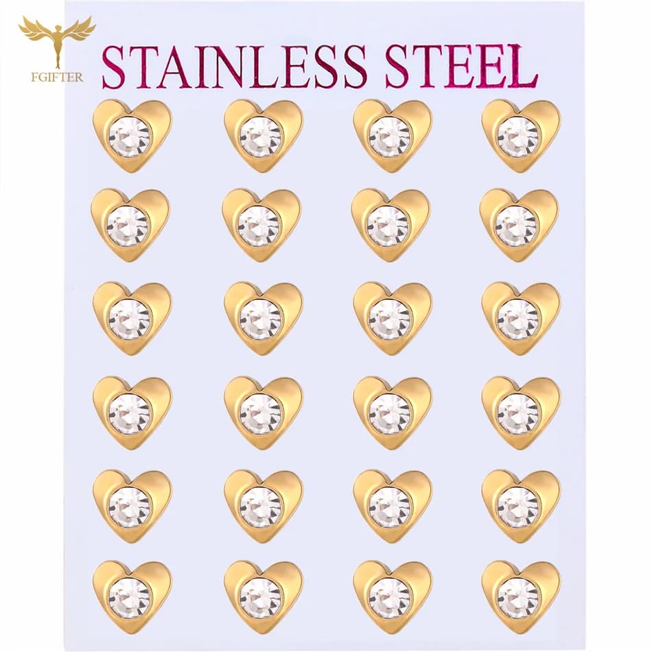 12 Pairs Surgical Stainless Steel Zircon Stud Earrings Pack Round Star Heart Flower Hexagon Triangle Fashion Jewelry Wholesale