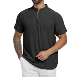 Summer Men's T-shirt Solid Color Half Button Henley Neck Casual Short Sleeve Tops Cotton Linen Cozy Lightweight Classic Tees