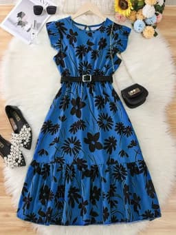 Chic Teenage Girl Green Floral Long Skirt with Belt - Casual Round Neck Ruffle Sleeves, Perfect for Summer, Teenage Jumpsuit