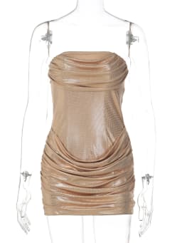 Hugcitar Fashion Shine Strapless Solid Ruched Sexy Bodycon Mini Dress Spring Summer Women Elegant Outfit Birthday Party Festival