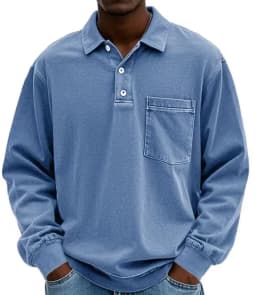 American Style Retro Old Dark Grey Long Sleeve Polo Shirt Loose Lapel Pocket Design Casual All-match Heavy Top for Men