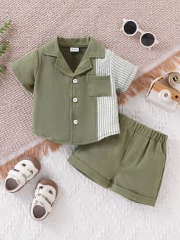Baby Boy's Patchwork Striped Short-Sleeved Shirt and Shorts Set, Lightweight and Breathable, Summer Casual and Fashionable Outfit
