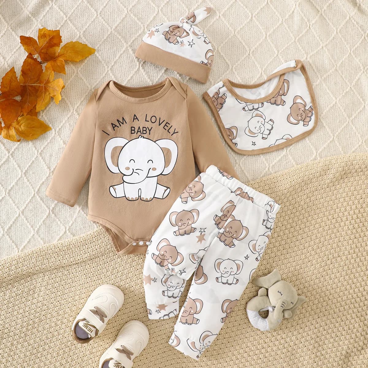 Four-Piece Set for Newborn Boys, Autumn and Winter Season Casual Cute Style, Lively Elephant Print Unisex Romper Four-Piece Set
