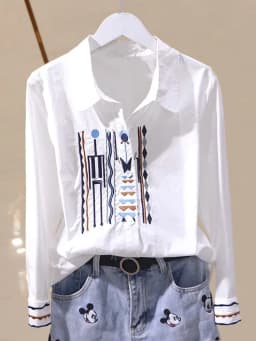 Designer-Inspired Niche Vertical Stripe Slim-Fit Pure Cotton Embroidered Shirt for Women, New Spring and Autumn Style, Versatile Ethnic Style Long-Sleeve Blouse