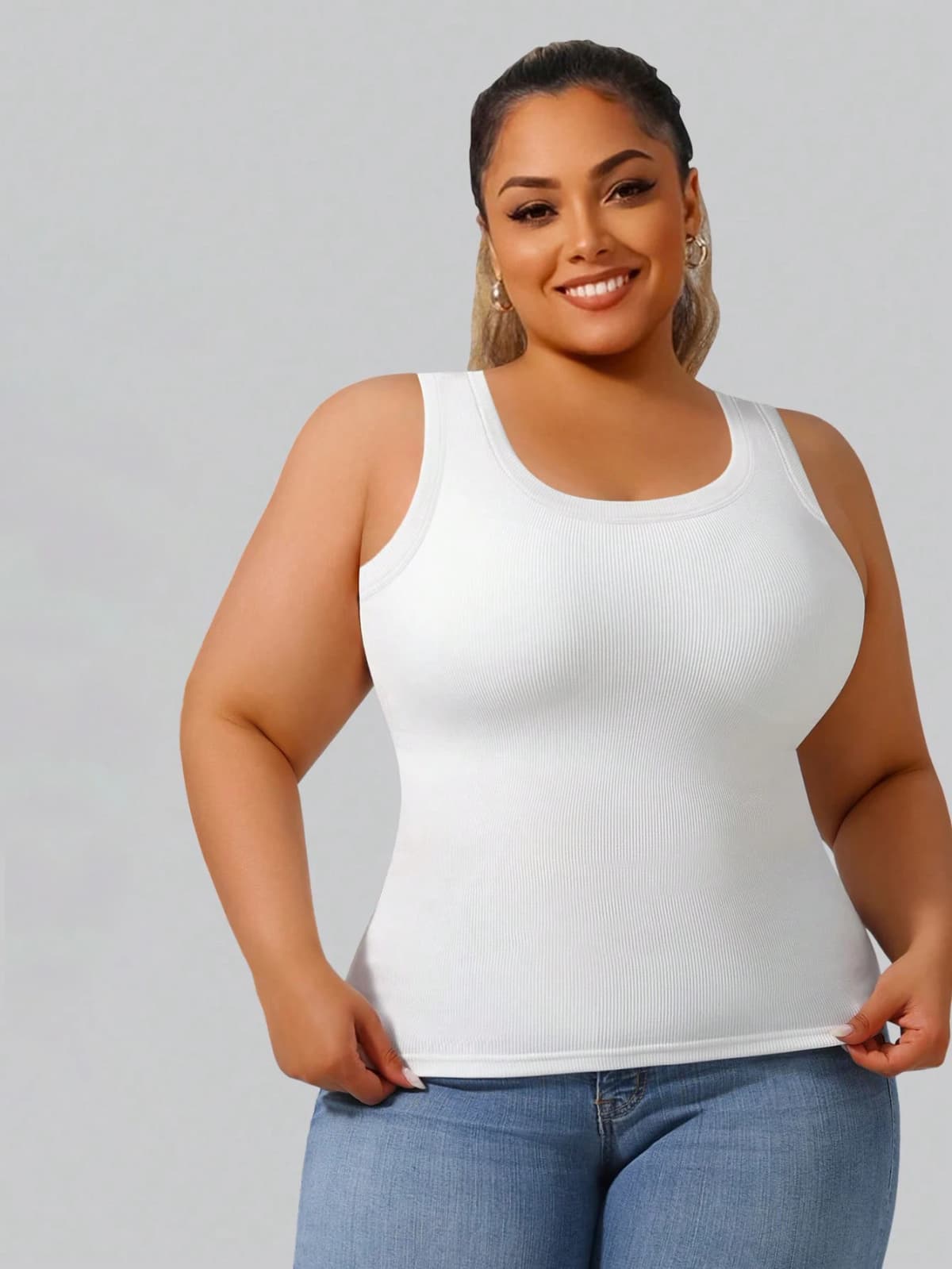 Plus Size Women's Solid Ribbed Tank Top Square Neck Sleeveless Slim Fit Casual Cami