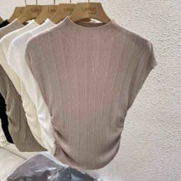 2026 Spring Summer Ice Silk Knit T-Shirt Half High Neck Waist Slimming Unique Design Slim Fit Short Sleeve Inner Tops