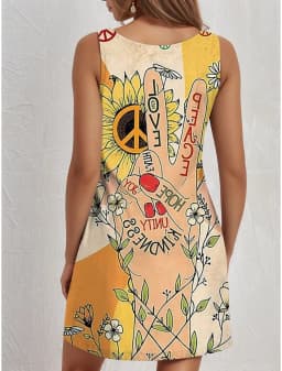 Women's Boho Western Vintage Floral Print Mini Dress, Sleeveless Crew Neck A-Line Loose Casual Summer Vacation Sundress