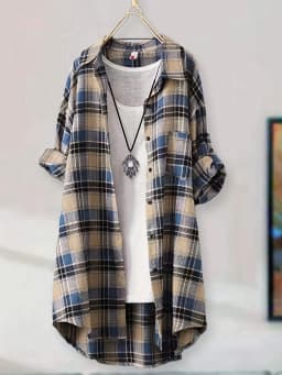 Women's Vintage Red Plaid Long Shirt Dress, Casual Loose Fit Button Down Blouse, Roll Up Long Sleeve Lapel Collar Pocketed Tunic