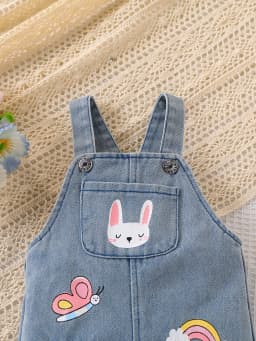 Cute Cartoon Children's Denim Overalls with Ripped Design, Rabbit, Butterfly, and Flower Prints, Soft and Comfortable, Stylish for Outdoor Wear, Unisex Baby Jumpsuit