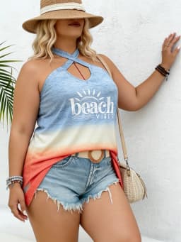 Plus Size Women's Tank Top Halter Cross Ombre Letter Print Slim Tops Casual Tank Top Spring Summer Beach Soft Tops