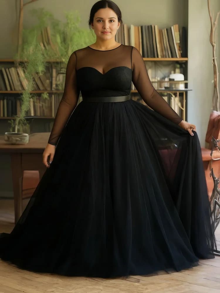 Plus Size Black Tulle Maxi Dress Women Sheer Mesh Long Sleeve Sweetheart Neck Belted Formal Evening Gown