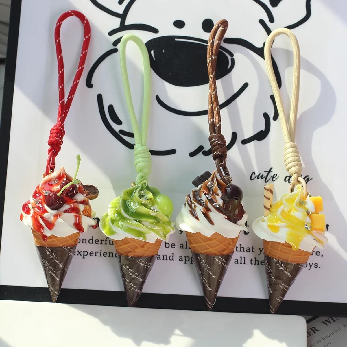 Cute 3D Simulation Food Ice Cream Egg Tart Keychain Resin Charms Bag Accessories Car Key Ring for Women Jewelry Party Gifts