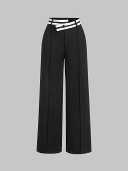 2026 Spring New Collection Black and White Contrast Waistband Wide-Leg Suit Pants Asymmetrical Striped High-Waist Straight-Leg Pants Plus Size Women's Workwear Office Outfit