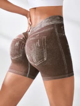 Women V back Shorts Faux Jeans Elastic Workout Sports Yoga Pants Butt Lifting Leggins Fitness Athletic Short Tights Seamless
