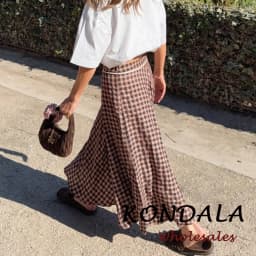 KONDALA Vintage Modern Plaid Streetwear Floral Lace Long Skirt Folds Elegant Fashion 2026 Spring Chic Brown A-Line Female Skirt
