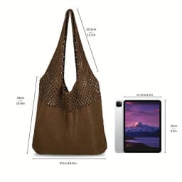 2026 New Women's Knit Shoulder Bag Solid Color Polyester Large Capacity Casual Vintage Tote Bag Reusable Shopping Travel Handbag