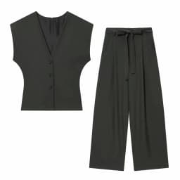 Women Fashion 2-Piece Set Single-breasted Sleeveless V-Neck Pinstripe Vest+Summer Pleated Loose Pocket Belt Zipper Pants