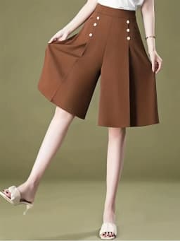 Women's Elegant High Waist Wide Leg Culottes, Casual Pleated Knee-Length Skirt Shorts with Decorative Buttons, Formal Office Wea
