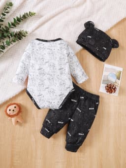 3Pcs Baby Boy Set Round Neck Lion Full Print Bodysuit+Pants Set Suitable for 0-18 Months Newborns Baby Boys Spring Autumn Set