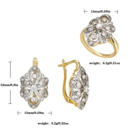 Petal design inlaid with zircon two-tone set earrings ring copper plated 14K gold retro fashion jewelry banquet holiday gift