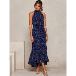 Women's Halter Neck Maxi Dress - Floral Print Boho Chic Smocked Waist Summer Beach Dress for Vacation Casual Wear
