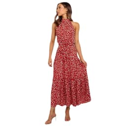Women's Halter Neck Maxi Dress - Floral Print Boho Chic Smocked Waist Summer Beach Dress for Vacation Casual Wear