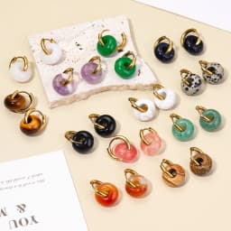 Natural Stone Malacite Quartz Tiger Eye Stone Donut Shape Stainless Steel Hoop Earrings Women Fashion Pierced Dangle Earring