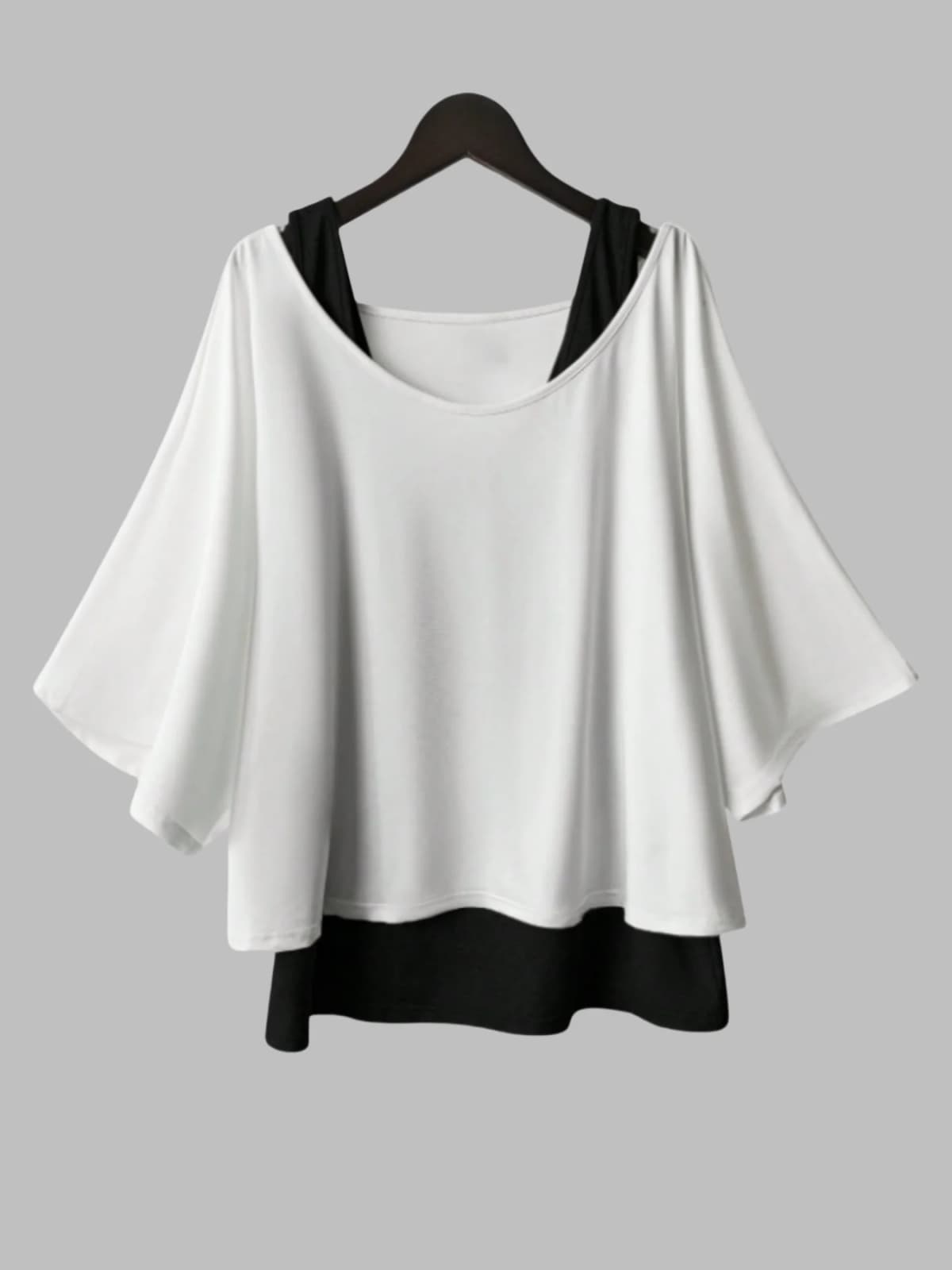 Women's Plus Size Batwing Sleeve Casual Tops Fake Two-Piece Loose Fit Blouse