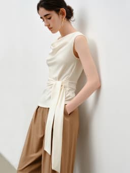 ZIQIAO 2026 Summer Women's Draped Neck Sleeveless Knit Top - Elegant Textured Design Casual Blouse for Daily and Summer Wear
